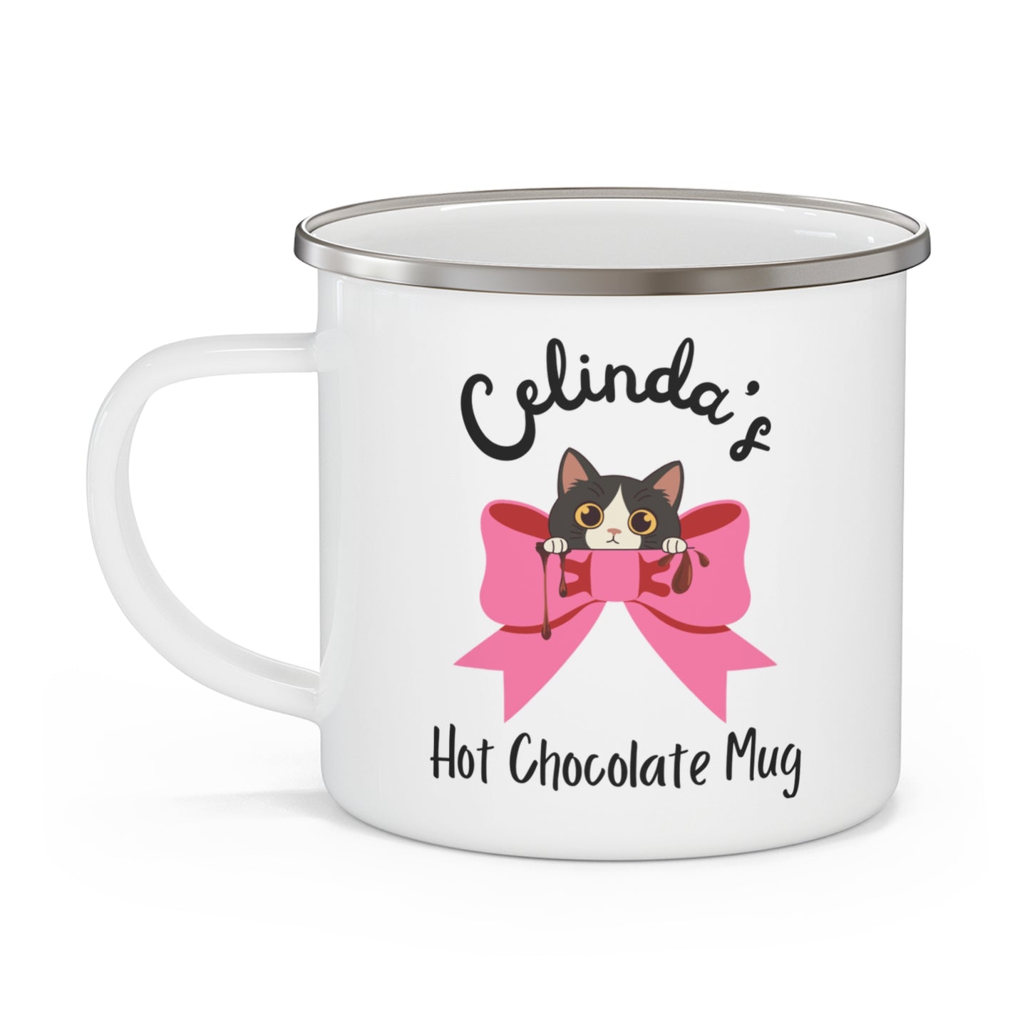 Cat Coquette Bow Hot Chocolate enamel mug - Custom Name