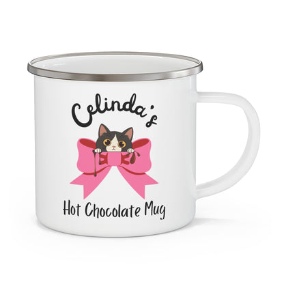 Cat Coquette Bow Hot Chocolate enamel mug - Custom Name