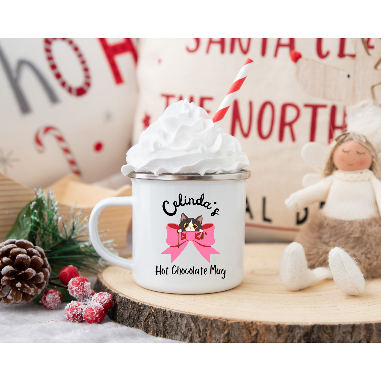 Cat Coquette Bow Hot Chocolate enamel mug - Custom Name